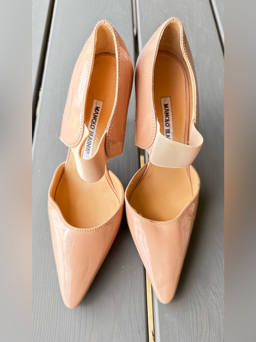 Manolo Blahnik Pointed Toe D'Orsay Mid-Strap Patent Pumps Blush Nude Sz US 6